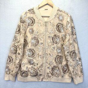 Chicos Black Label Sequin Zip Up Track Jacket Size 3 (Womens XL) Beige Floral